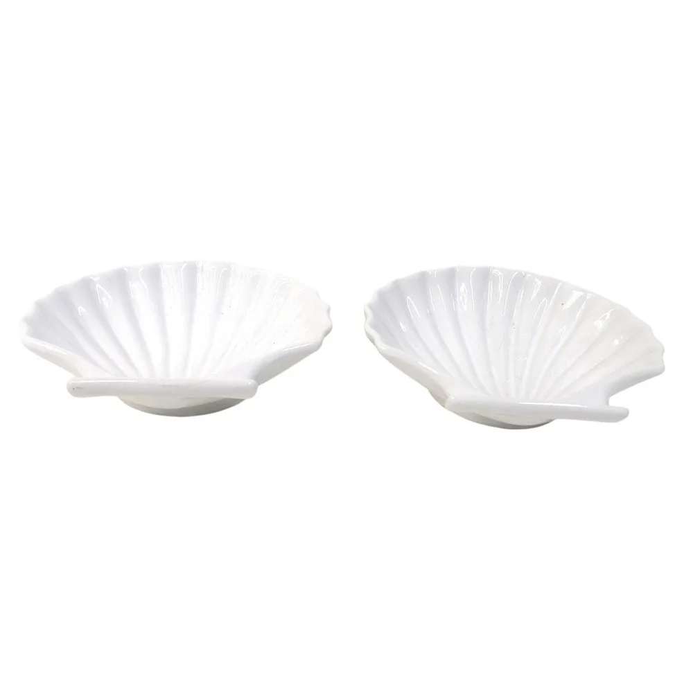 Vintage White Ceramic Scallop Shell Trinket Dish Set of 2 Coastal Decor Dishes